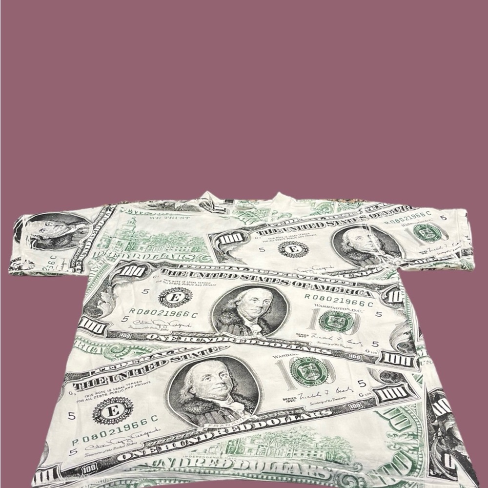 Vintage 90’s 1990’s 100 Dollar Bill Benjamin Franklin All Over Print Shirt